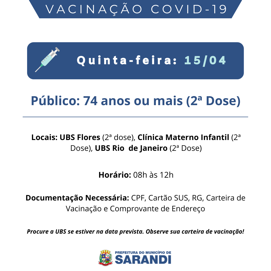 Cronograma de Vacinação contra Covid-19 - Quinta-feira - 15/04/2021